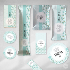 Kit imprimible coronita plata flores tiffany candy bar tukit