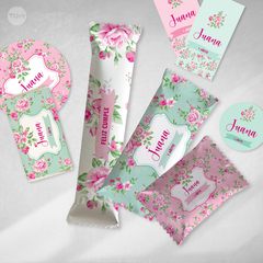 Imagen de Kit imprimible flores rosas fuxia verde candy bar tukit