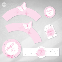 Kit imprimible mariposas rosas plata candy bar tukit - comprar online