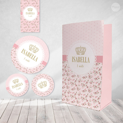 Kit imprimible flores rosas coronita dorada candy bar tukit - comprar online