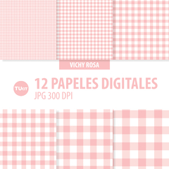Papeles digitales imprimibles vichy rosa gris tukit