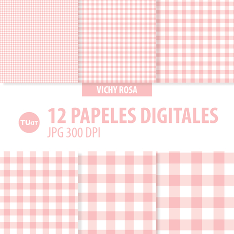 Papeles digitales imprimibles vichy rosa gris tukit