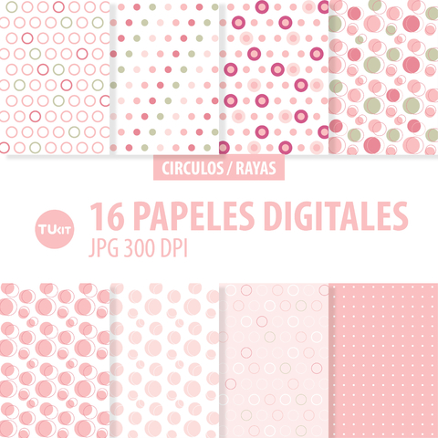 Papeles digitales imprimibles circulos rayas rosa verde tukit