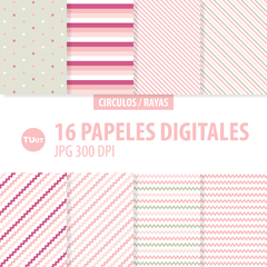 Papeles digitales imprimibles circulos rayas rosa verde tukit - comprar online