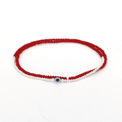 Collar Duo Contra La Envidia - Plata + Cristal Rojo Opaco + Ojo Celeste - comprar online