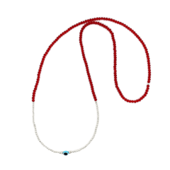 Collar Duo Contra La Envidia - Plata + Cristal Rojo Opaco + Ojo Celeste