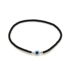 Pulsera Mostacilla Checa Negra + Ojo Turco Celeste Chato