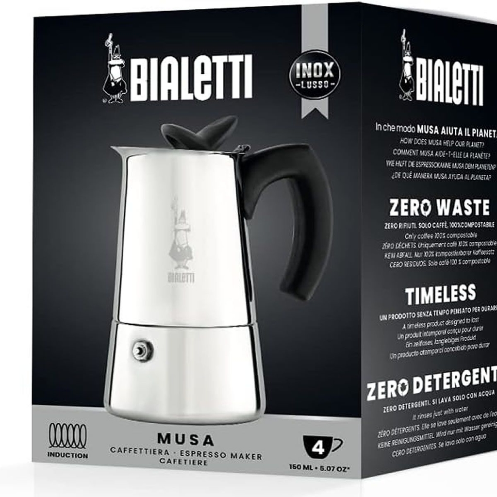  Bialetti Musa Satinata - Cafetera para 4 tazas, acero  inoxidable, plata, 11.8 x 7.9 x 5.9 in : Hogar y Cocina