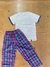 Conjunto de Pijama dos Piezas Pantalón Escocés y Remera Corta con Aplique en la Manga Kids