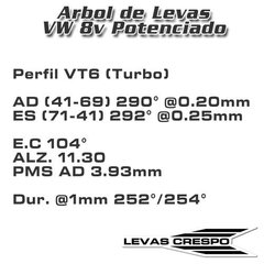 Leva Potenciada Vw Gacel Gol 1.6-2.0 Perfil VT6 11.30mm / 290° / 104° E.C - comprar online