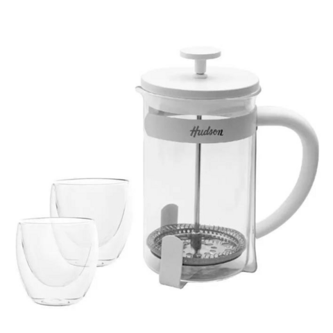 SET CAFETERA 600 ML FRANCESA BLANCA C/2 VASOS HUDSON