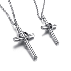 Par casal colar corrente crucifixo cruz prateado aço 316l na internet