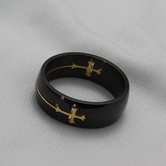 Anel aliança masculino em titânio preto e crucifixo banhado a ouro ( cod. R-068B) - loja online