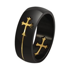 Anel aliança masculino em titânio preto e crucifixo banhado a ouro ( cod. R-068B)