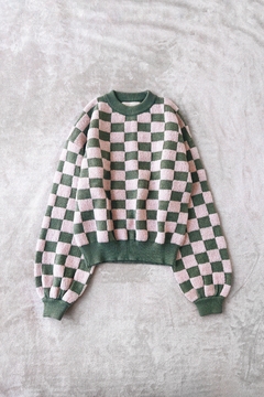 Sweater cuadritos verde y rosa