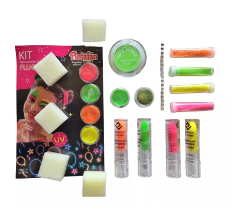 Combo Kit Maquillaje Fluo Labiales Glitter Esponjas Strass