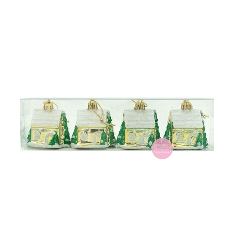 Set de adornos casitas Navidad dorado x 4