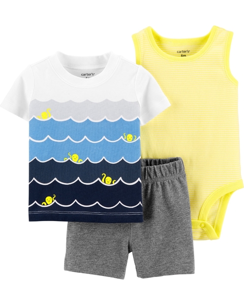 Set 3 piezas Body, Remera y Short "Olas"