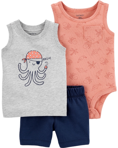 Set 3 piezas Body, Remera y Short "Pulpo"