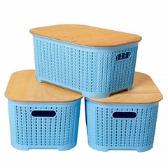 CANASTO ORGANIZADOR XXL CONTENEDOR SIMIL RATTAN CON TAPA DE MADERA 53 X 33 X 29 CM - tienda online