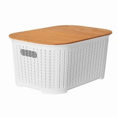 CANASTO ORGANIZADOR XXL CONTENEDOR SIMIL RATTAN CON TAPA DE MADERA 53 X 33 X 29 CM - Arte y Esencias Mayorista