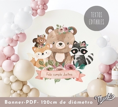 Banner circular de los animalitos del bosque encantado rosa delicado para decorar fondo de mesa de cumpelaños