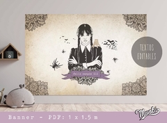 Banner de merlina Addams para imprimir kit imprimible personalizado con nombre PDF con textos editables para decorar cumpleaños 