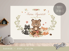 banner para fondo de mesa de cumpleaños baby shower nacimiento bautismo bosque encantado