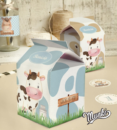 cajitas milkbox de la granja para recuerdo de cumpleaños color celeste para niño