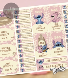 Kit Imprimible Etiquetas Escolares Stitch y Angel Fondo Rosa Textos Editable - comprar online