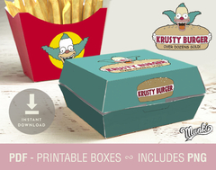 Cajas imprimibles de Krusty Burger para fiestas, con diseño de hamburguesa y papas fritas, ideal para cumpleaños.