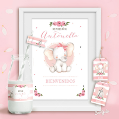 Kit imprimible elefantita nena Rosado. Elefantito