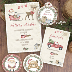 Kit imprimible editable Navidad viontage acuarela en el bosque papa noel