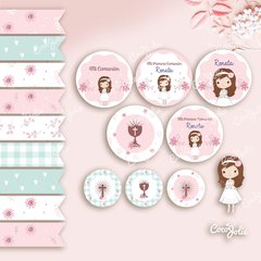 Kit Primera Comunión Nena Rosada Romántica. Imprimible Personalizable - CocoJolie Kits Imprimibles