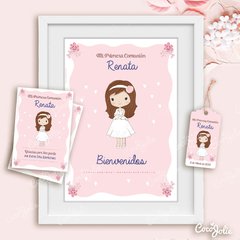 Kit Primera Comunión Nena Rosada Romántica. Imprimible Personalizable - comprar online
