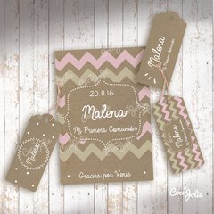 Kit Primera Comunión/Bautismo Rosa y Beige Chevrón Rústico. Imprimibles personalizables