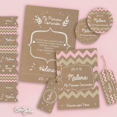 Kit Primera Comunión/Bautismo Rosa y Beige Chevrón Rústico. Imprimibles personalizables