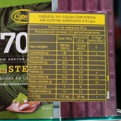 Barra Tableta de chocolate Copani cacao 70% sin azúcar con stevia x 63grs (X 6 UNIDADES) - Tienda Oeste Alimentos Naturales