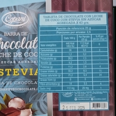 Barra Tableta de chocolate con Leche de coco Copani sin azúcar con stevia x 63grs (X 6 UNIDADES) - Tienda Oeste Alimentos Naturales