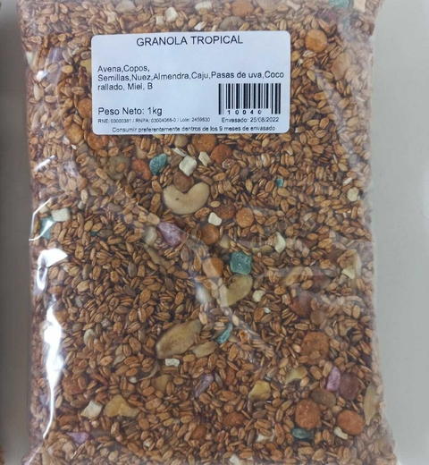 GRANOLA TROPICAL X 1 Kg (Avena, lino, sesamo integral, girasol, copos de maiz sin azucar, azúcar mascabo, miel, Caju, Banana, Manzana, Papaya, Pasas Rubias)