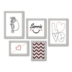 Kit Com 5 Quadros Decorativos - Frase Sorria Love - 001kq01 - Allodi