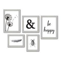 Kit Com 5 Quadros Decorativos - Frase Be Happy - 003kq01 - Allodi