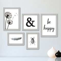 Kit Com 5 Quadros Decorativos - Frase Be Happy - 003kq01 - comprar online