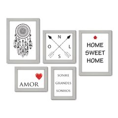 Kit Com 5 Quadros Decorativos - Frase Sonho Amor Flecha - 005kq01 - Allodi