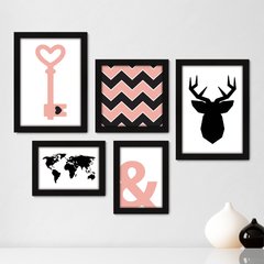 Kit Com 5 Quadros Decorativos - Chave Mundo Chevron - 007kq01