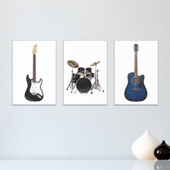 Kit 3 Placas Decorativas Instrumentos Musicais Música Guitarra Violão Bateria Casa Quarto Sala - 0096ktpl