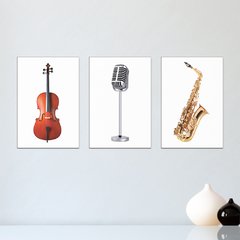 Kit 3 Placas Decorativas Instrumentos Musicais Música Violino Microfone Saxofone Casa Quarto Sala - 0097ktpl