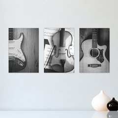 Kit 3 Placas Decorativas Música Instrumentos Guitarra Violão Violino Casa Quarto Sala - 0099ktpl