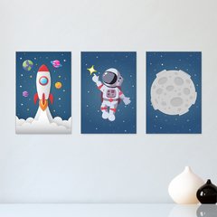 Kit 3 Placas Decorativas Infantil Quarto Menino Bebe Astronauta Foguete - 0110ktpl