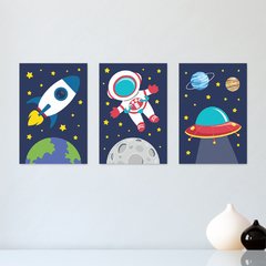 Kit 3 Placas Decorativas Infantil Quarto Menino Bebe Astronauta Foguete - 0111ktpl